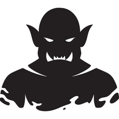 A black silhouette of an orc with sharp teeth and pointed ears on a white background illustration on transparent background