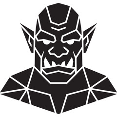 A geometric black and white illustration of an orc with sharp features and pointed ears on white on transparent background