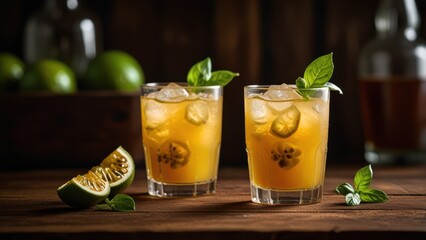 Fototapeta premium Tropical Passionfruit Cocktail With Basil Leaf and Rustic Aesthetic 