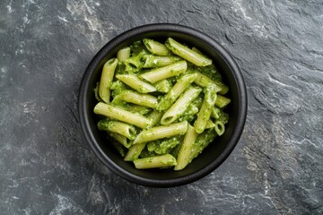 Overhead shot of pasta with green veggies and creamy sauce in a dark bowl on a gray stone