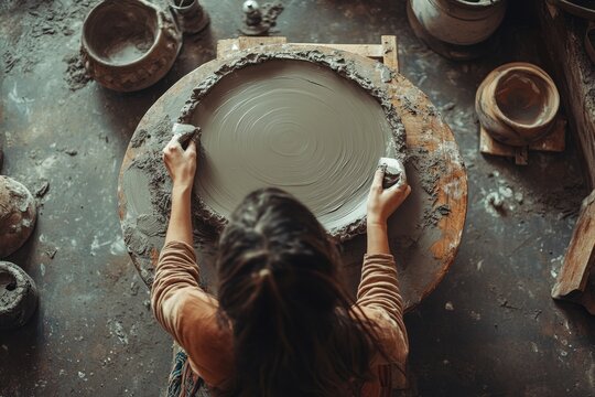 Overhead shot of a woman shaping a large flat clay plate with a rolling pin on a wooden ta