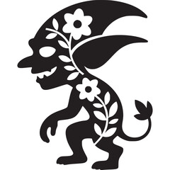 A black silhouette of a goblin with flowers and leaves on its body and a tail on a white background on transparent background