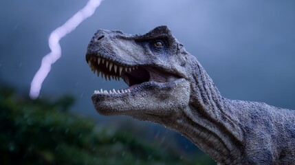 Fierce t-rex roaring amidst lightning in prehistoric landscape