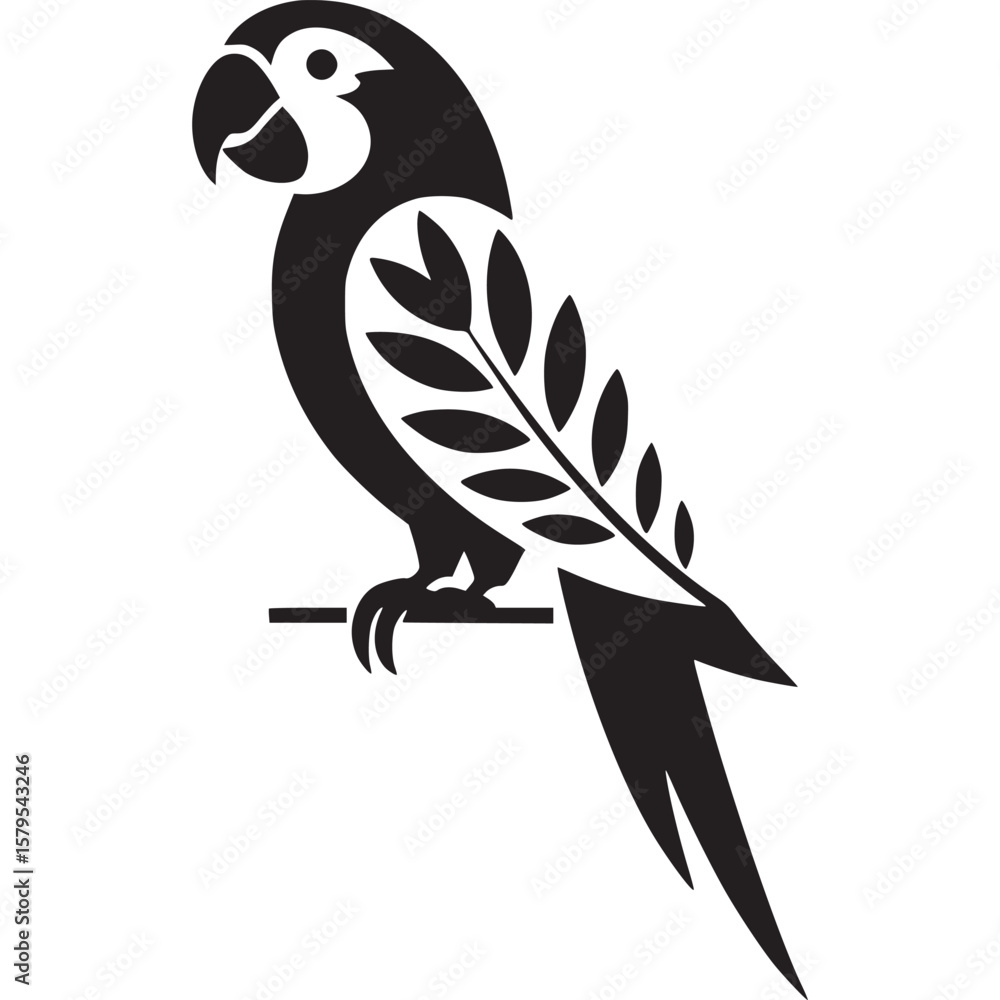 Poster a black and white graphic of a parrot perched on a branch with leaves on its body design element on 