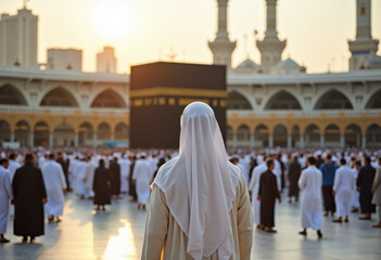 Pilgrims Gather for Prayer at the Kaaba, Mecca, Saudi Arabia, Religious Event, Sunset View, Spiritual Atmosphere