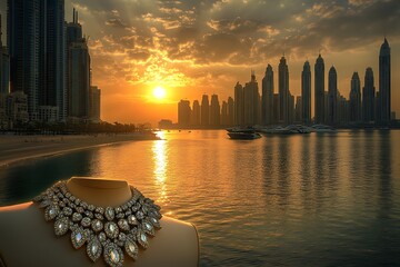 Luxury Diamond Necklace on Mannequin with Dubai Skyline at Sunset View