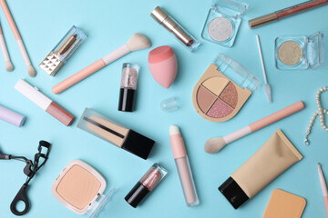 cosmetic makeup products ideal for beauty lovers. Top view on bright background
