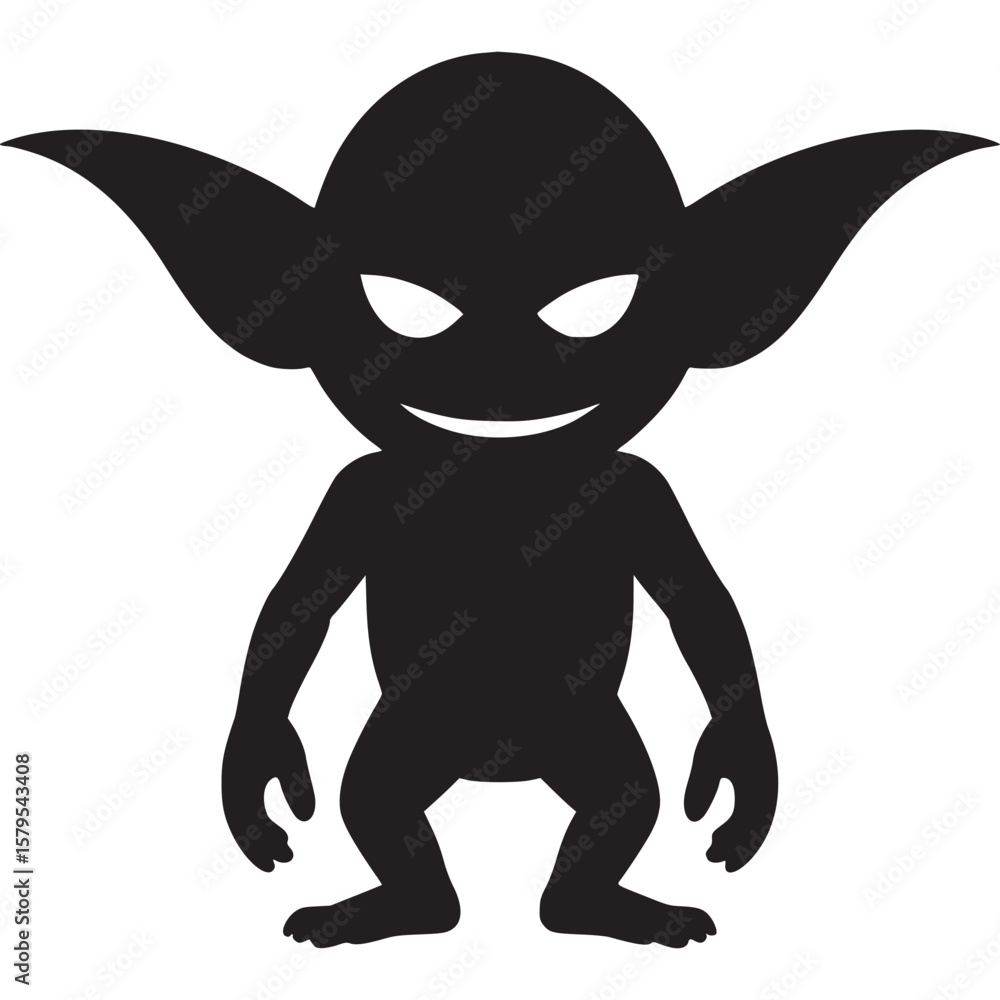Poster a silhouette of a goblin like creature with pointed ears and glowing eyes on a white background on t