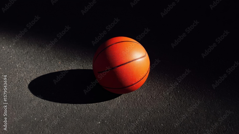 Poster close-up of a basketball on a black surface. the basketball is in focus, while the background is com