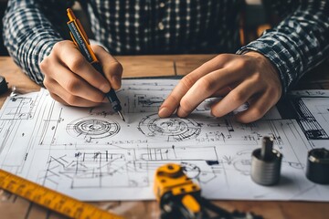 Man Hands Drawing Technical Sketch on Paper with Pen and Yellow Measuring Tools