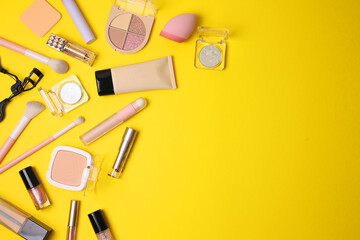 cosmetic makeup products ideal for beauty lovers. Top view on bright background