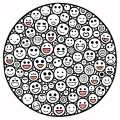 Emoji Pattern Circle – Vector Illustration of a Circle Filled with Various Small Minimalist Emoji Faces Representing Emotions, UI Symbols, Stickers, and Social Reactions