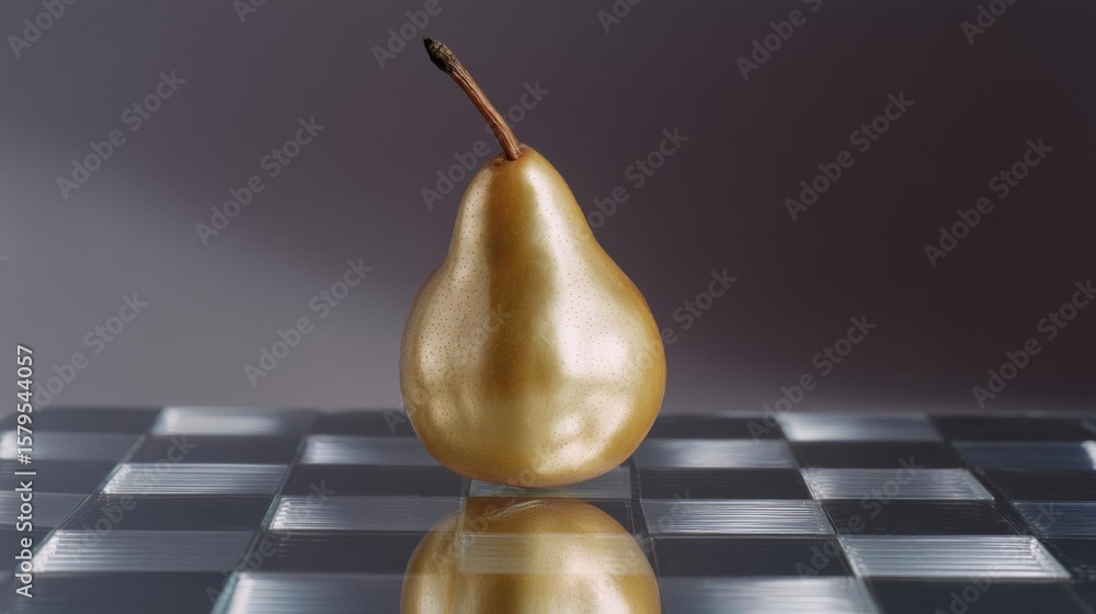 Poster close-up of a pear on a chessboard. the pear is golden in color and has a small stem attached to it.