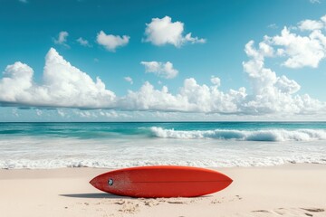 Seaside scene featuring a red surfboard on the shore
