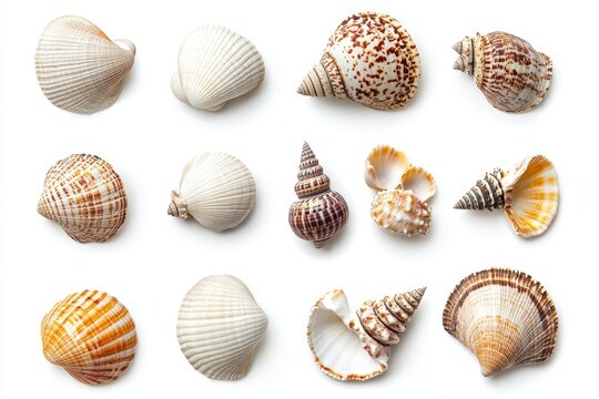 Seashells arranged against a white backdrop