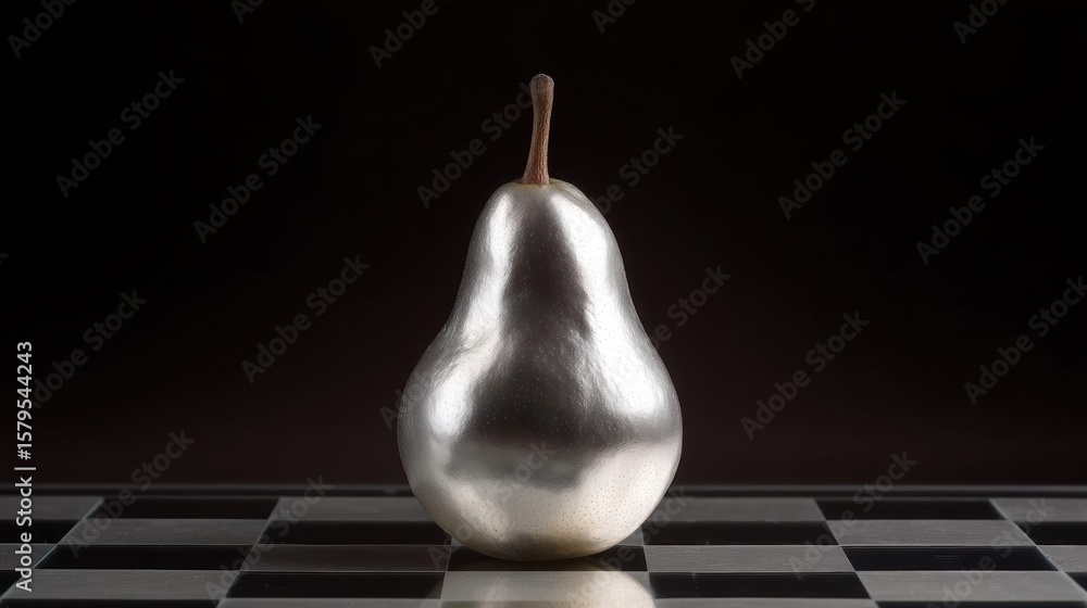 Poster photograph of a pear on a black and white checkered surface. the pear is made of a shiny, metallic m