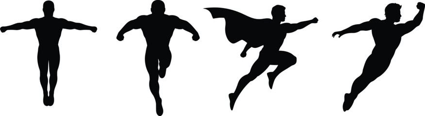 Four dynamic superhero poses in a clean black silhouette style