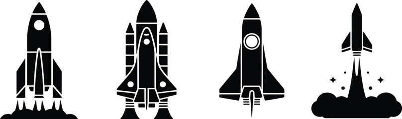 Collection of four distinct rocket ship icons in a clean black silhouette style