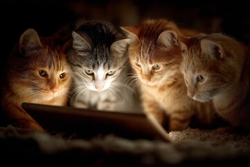 Cats' cozy gathering: shared tablet experience in living room. Sleepy scene. Feline fun: cats snap selfies when left alone, captured in 10 amusing pics. Feline photos. Magic moments.