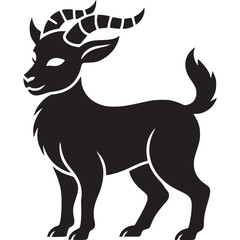 A black silhouette of a goat standing with curved horns on a white background illustration art on transparent background