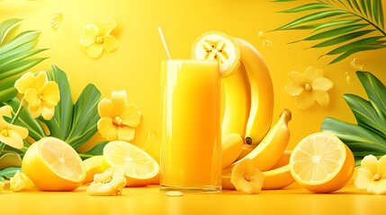 Refreshing Banana Juice in Glass, Yellow Lemons, Tropical Flowers, Leaves, Yellow BG
