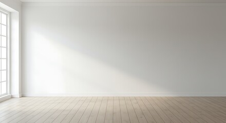 Empty, sunlit room with white walls, light wooden floor, and large window.