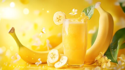 Refreshing Banana Juice, Slices, Flowers, Green Leaf and Yellow Background Still Life