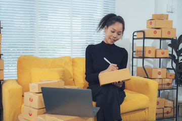 Business owner Start up of enterprise small using laptop at workplace  small business entrepreneur...