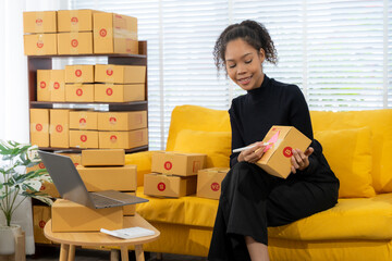 Business owner Start up of enterprise small using laptop at workplace  small business entrepreneur...