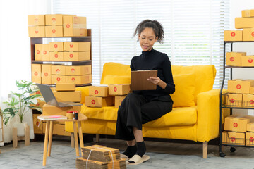 Business owner Start up of enterprise small using laptop at workplace  small business entrepreneur...