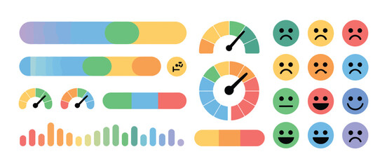 Collection of colorful gauges sliders and smiley face icons representing feedback and performance