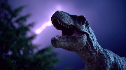 Fierce tyrannosaurus rex roaring at night with lightning in background