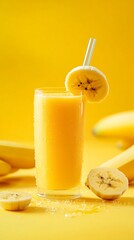 Refreshing banana smoothie in glass with straw on yellow background closeup