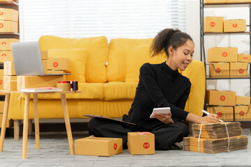 E-commerce Entrepreneur: A cheerful entrepreneur meticulously manages her online business....
