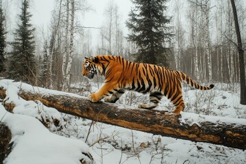 Obraz premium Siberian tiger traversing a downed tree in the taiga a perilous jungle habitat Panthera