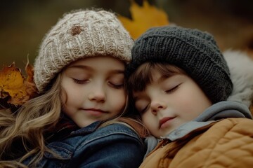 Obraz premium Siblings enjoy a cozy hug in a fall park Kids play outside relaxing together with family