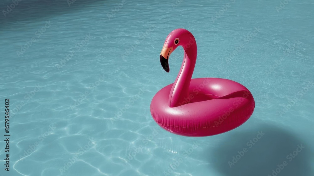 Poster pink flamingo floating on an inflatable ring in a swimming pool. the flamingo is in the center of th