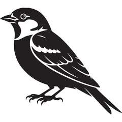 A stylized black and white illustration of a small bird with detailed feathers and a sharp beak design on transparent background