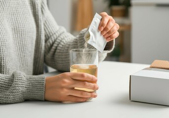 Female dissolving powdered supplement in a glass of water for health or hydration support, close-up hands view in home setting