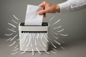 Hand feeding paper into document shredder with strips flying outward on neutral background, symbolizing data destruction and security