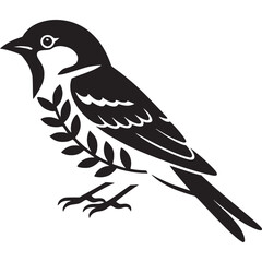 A stylized black and white illustration of a bird with leaves on a white background design element on transparent background