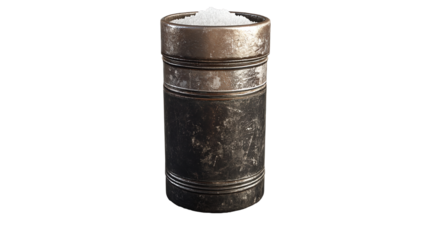 Ancient metallic container holds pristine white powder a relic of forgotten rituals and times on transparent background