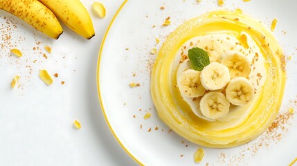 Top View Banana Dessert with Yellow Syrup, Mint Leaf, Granola, and Powdered Sugar on Plate