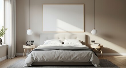 Bright and modern bedroom interior with a large bed, bedside tables, hanging lamps, and a blank frame above the headboard, bathed in natural light.