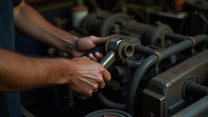Mechanic repairing engine part.