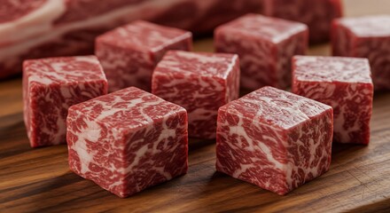 Fototapeta premium Exquisite Cubes of Wagyu Beef: Marbling, Texture, and Culinary Delight.