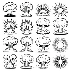 Collection of stylized mushroom cloud and explosion burst illustrations in black and white