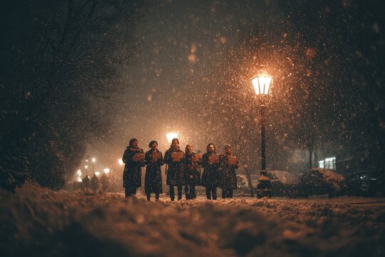 A group of friends singing Christmas carols on a snow-covered street at night with lamp posts lit, cinematic