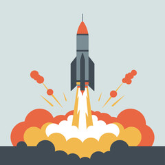 Stylized flat design illustration of a rocket launching into space with fiery exhaust
