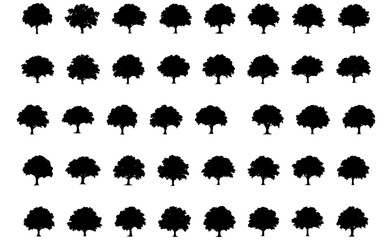 Tree Silhouettes Vector Set. Black Isolated Oak Shapes Collection. tree, silhouette, vector, oak, foliage, nature, forest, botanical, leaf, landscape, plant, arbor, shape, organic, ecology.